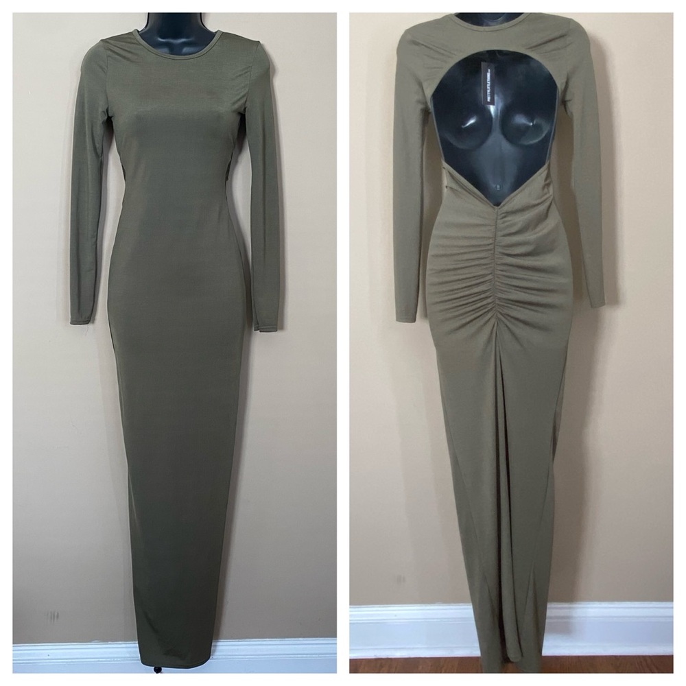 NEW PrettyLittleThing Khaki Olive Long Sleeve Open Back Ruched Detail Maxi Dress
